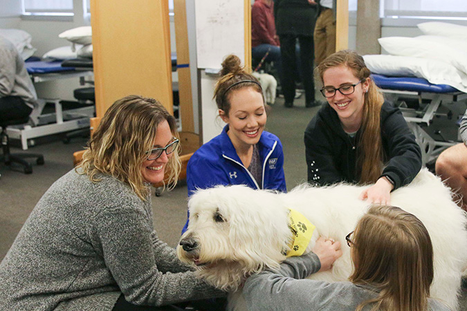 Physical Therapy students petting a white shaggy haired dog in the library